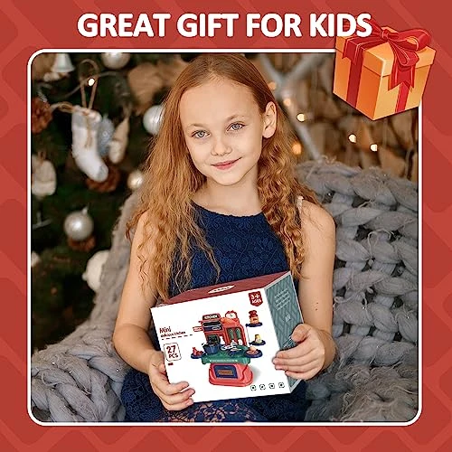 YOKNGAK Play Kitchen Set For Kids, Pretend Kitchen Playset Toys For Toddlers With 27 PCS Realistic Cooking Accessories, Desktop Play Food & Cookware Toy For Kids Ages 3+,Red Set 5 YOKNGAK Play Kitchen Set For Kids, Pretend Kitchen Playset Toys For Toddlers With 27 PCS Realistic Cooking Accessories, Desktop Play Food & Cookware Toy For Kids Ages 3+,Red Set - Image 3