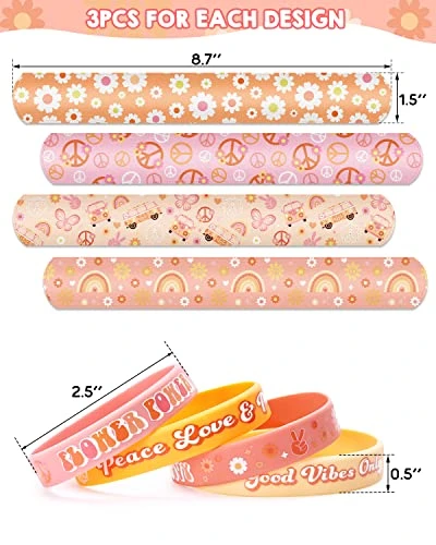 Sinasasspel Groovy Party Favors Set For Kids Adults Hippie Boho Silicone Bracelets Slap Bracelets Assortment Hippie Party Supplies Daisy Birthday Decorations(24 Count) 4 Sinasasspel Groovy Party Favors Set For Kids Adults Hippie Boho Silicone Bracelets Slap Bracelets Assortment Hippie Party Supplies Daisy Birthday Decorations(24 Count) - Image 2