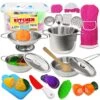 ArtCreativity Pretend Play Kitchen Set For Kids, 23-Piece Kids’ Kitchen Playset With Pots, Pans, Chef Hat, Apron, Utensils, Knife Toy, Pretend Play Food, & More, Kids’ Kitchen Playset For Hours Of Fun