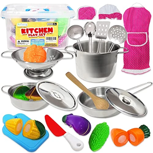 ArtCreativity Pretend Play Kitchen Set For Kids, 23-Piece Kids’ Kitchen Playset With Pots, Pans, Chef Hat, Apron, Utensils, Knife Toy, Pretend Play Food, & More, Kids’ Kitchen Playset For Hours Of Fun 3 ArtCreativity Pretend Play Kitchen Set For Kids, 23-Piece Kids’ Kitchen Playset With Pots, Pans, Chef Hat, Apron, Utensils, Knife Toy, Pretend Play Food, & More, Kids’ Kitchen Playset For Hours Of Fun