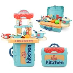 KidEwan Kids Kitchen Playset, 31 Pcs Pretend Play Kitchen Mini Suitcase With Cooking Accessories Little Chef Educational Toy Cookware For Toddlers Boys Girl Ages 3 4 5 6 7 8