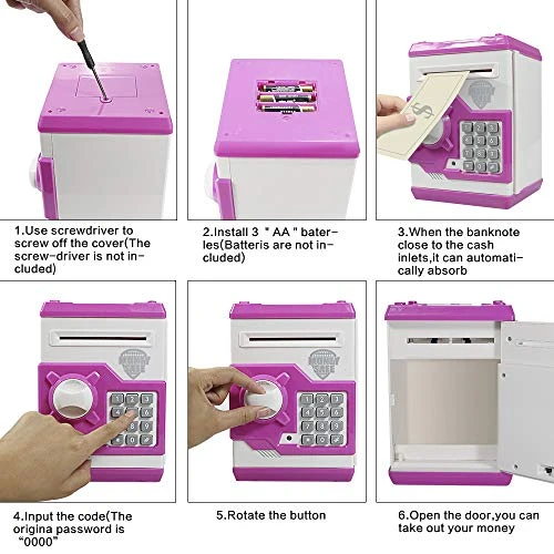 Suliper Electronic Piggy Bank Code Lock For Kids Baby Toy, Mini ATM Safe Coin Cash Banks Real Money Saving Box With Password, Auto Money Scroll For Children,Boys Girls Birthday Gift (White/Pink) 4 Suliper Electronic Piggy Bank Code Lock For Kids Baby Toy, Mini ATM Safe Coin Cash Banks Real Money Saving Box With Password, Auto Money Scroll For Children,Boys Girls Birthday Gift (White/Pink) - Image 2