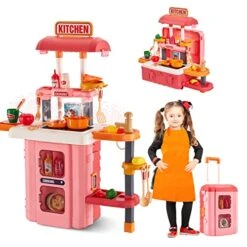 Kitchen Playset, 3 In 1 Kitchen Pretend Play Toys Travel Suitcase, 49 PCS Realistic Cooking Accessories, Sounds, Lightnd, Running Water, Great Kitchen Toys For Toddlers Kids
