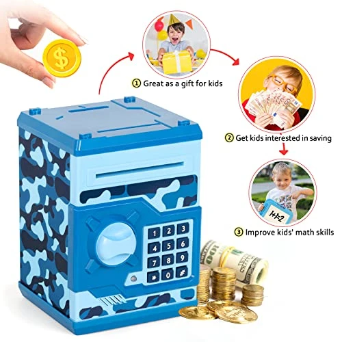 ATM Piggy Bank For Boys Girls, Vcertcpl Mini ATM Coin Bank Money Saving Box With Password, Kids Safe Money Jar For Adults With Auto Grab Bill Slot, Great Gift Toy Bank For Kids(Camouflage Blue) 6 ATM Piggy Bank For Boys Girls, Vcertcpl Mini ATM Coin Bank Money Saving Box With Password, Kids Safe Money Jar For Adults With Auto Grab Bill Slot, Great Gift Toy Bank For Kids(Camouflage Blue) - Image 4