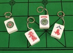 Set Of 4 Acrylic Real Mahjong Tile Keychains White Elephant Gift Ma-Jiang Joker, Red Dragon, Flower, Character Eight