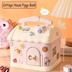 Cottage Piggy Bank With Key, Large House Money Coin Bank Box, ATM Gift To Saving Money (Pink)