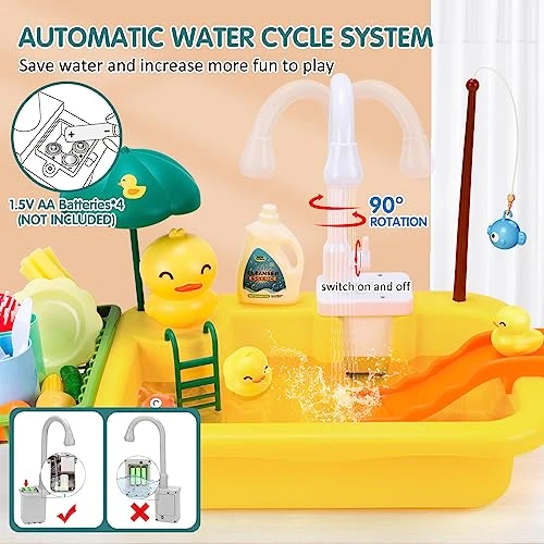 Qizebaby Kids Play Kitchen Sink With Running Water, Electronic Kitchen Dishwasher Toys With Automatic Water Cycle System, Fishing Game Toys And Pretend Role Kitchen Sink Toy Gift For Boys Girls Age 2+ 4 Qizebaby Kids Play Kitchen Sink With Running Water, Electronic Kitchen Dishwasher Toys With Automatic Water Cycle System, Fishing Game Toys And Pretend Role Kitchen Sink Toy Gift For Boys Girls Age 2+ - Image 2