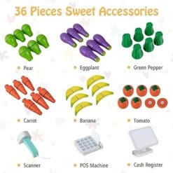 HONEY JOY Kids Grocery Store Playset, Wooden Checkout Grocery Store Pretend Play, Cash Register Stand W/Chalkboard, Toddler Supermarket Vegetable Play Toy For Boys Girls(36 Pcs Play Food Included) -Folkmanis Toys Shop 51Sycq7JBzL