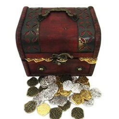Seven Seas Pirates - Buccaneer Treasure Chest With Lot Of 700 Mixed Color Metal Doubloons - Rogue`s Jewelry Box Filled Coins For Pretend Games