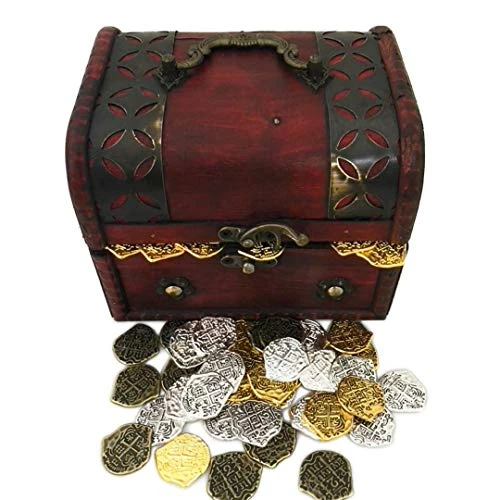 Seven Seas Pirates - Buccaneer Treasure Chest With Lot Of 700 Mixed Color Metal Doubloons - Rogue`s Jewelry Box Filled Coins For Pretend Games 3 Seven Seas Pirates - Buccaneer Treasure Chest With Lot Of 700 Mixed Color Metal Doubloons - Rogue`s Jewelry Box Filled Coins For Pretend Games