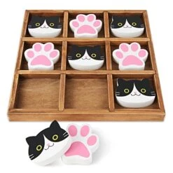 HOMEnSTAR Tic Tac Toe Game, 8 Inch Wooden Tic-Tac-Toe Game, Cute Animal Cat Themed Wood Tic Tac Toe Game