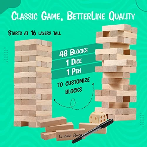 BETTERLINE Wooden Tower Stacking Blocks Game - 48 Pieces - Tumbling Tower Toy For Kids & Adults - Classic Family Game 7 BETTERLINE Wooden Tower Stacking Blocks Game - 48 Pieces - Tumbling Tower Toy For Kids & Adults - Classic Family Game - Image 5