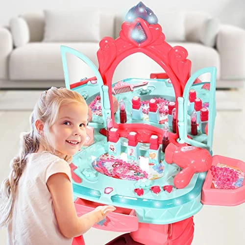 BAYMI Pretend Vanity Play Set With Mirror And Stool - Kids Play Vanity For Girls, Kids Makeup Vanity Table Set With Lights And Sounds, Gift For Age 3-9 Years Old 4 BAYMI Pretend Vanity Play Set With Mirror And Stool - Kids Play Vanity For Girls, Kids Makeup Vanity Table Set With Lights And Sounds, Gift For Age 3-9 Years Old - Image 2
