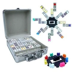 PUREPLAY Mexican Train Dominoes Set - Double 12 Colored Dot Dominoes - Includes 91 Tiles With 9 Trains, Plastic Pieces And Aluminum Case For 2-8 Players Ages 8+