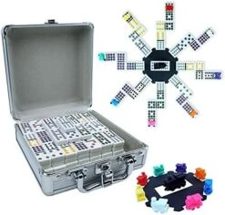 PUREPLAY Mexican Train Dominoes Set - Double 12 Colored Dot Dominoes - Includes 91 Tiles With 9 Trains, Plastic Pieces And Aluminum Case For 2-8 Players Ages 8+ -Folkmanis Toys Shop 51UYowaxerL. AC