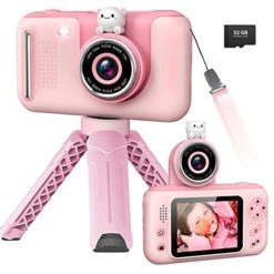 USHINING Kids Camera With Tripod Rotatable Lens Digital Camera For Kids 1080P Video Camera For Kids Birthday Digital Video Camcorder Toy Camera With 32GB SD Card(Pink)
