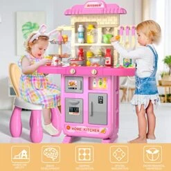 Kids Kitchen Playset For Toddlers Girls, Toy Sets Pretend Play Food Toy With Chair For Kids Ages 3-8, Kitchen Accessories Set With Light Sound Spray -Folkmanis Toys Shop 51UwpijCW9L