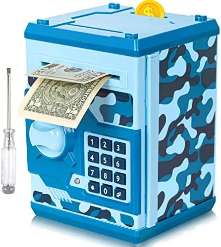 ATM Piggy Bank For Boys Girls, Vcertcpl Mini ATM Coin Bank Money Saving Box With Password, Kids Safe Money Jar For Adults With Auto Grab Bill Slot, Great Gift Toy Bank For Kids(Camouflage Blue) 7 ATM Piggy Bank For Boys Girls, Vcertcpl Mini ATM Coin Bank Money Saving Box With Password, Kids Safe Money Jar For Adults With Auto Grab Bill Slot, Great Gift Toy Bank For Kids(Camouflage Blue) - Image 5