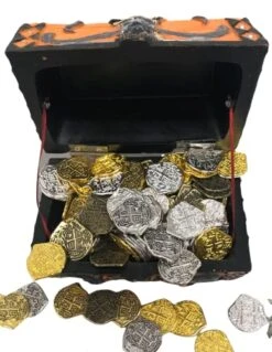 Seven Seas Pirates - Buccaneer Treasure Octopus Chest With Lot Of 50 Mixed 5 Color Doubloons - Rogue`s Jewelry Box Filled Coins For Pretend Games