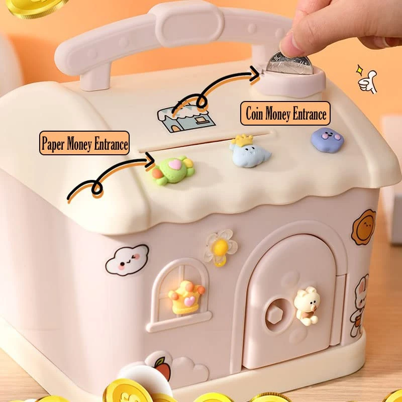 Cottage Piggy Bank With Key, Large House Money Coin Bank Box, ATM Gift To Saving Money (Pink) 5 Cottage Piggy Bank With Key, Large House Money Coin Bank Box, ATM Gift To Saving Money (Pink) - Image 3