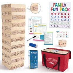 Giantville Giant Tumbling Timber Toy + Dice + Adhesives + Bag - Large Backyard Stacking Blocks Board/Floor Game - Big Wooden Yard Tumble Tower - Oversized Indoor/Outdoor Fun - Grows To Almost 4-feet