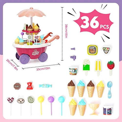 36PCS Ice Cream Toys Candy Cart Kids Play House Toys With Candy Ice Cream Lollipop Chocolate Large Storage Music Rrotatable Pretend Play Early Educational Toy Gift For Toddler Boys Girls 3+ Years Old 4 36PCS Ice Cream Toys Candy Cart Kids Play House Toys With Candy Ice Cream Lollipop Chocolate Large Storage Music Rrotatable Pretend Play Early Educational Toy Gift For Toddler Boys Girls 3+ Years Old - Image 2