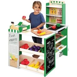 Best Choice Products Pretend Play Grocery Store Wooden Supermarket Toy Set For Kids W/Play Food, Chalkboard, Cash Register, Working Conveyor - Green