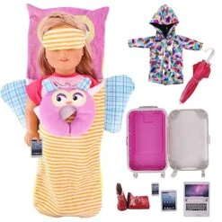 10Pcs 18 Inch Doll Clothes And Accessories - Suitcase Luggage , Pillow, Eye Masks, Sleeping Bags, Raincoats, Umbrellas, Rain Shoes,cell Phones, Tablets，Computer Doll Travel Fit 18 Inch Doll (No Doll)