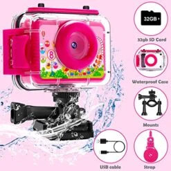 AILEHO Kids Camera For Kids Waterproof Underwater Camera For Kids Girls-1080P Kids Digital Action Camera-Kids Camcorder-Kids Selfie Video Camera Recorder-Girls Camera For Birthday Gift Present Toy