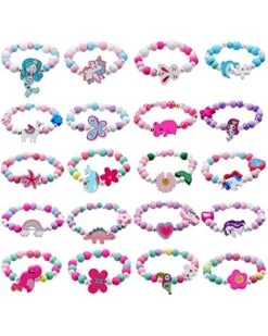 JOTIKO 20 Psc Bracelets For Little Girls - Princess Birthday Party Favors Goodie Bag Pinata Stuffers, Cute Friendship Rainbow Beaded Bracelet Play Jewelry Unicorn Mermaid Animals Wooden Charms Classroom Exchange Gifts