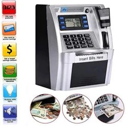 ATM Savings Bank For Real Money For Adults Kids With Card Personal ATM Saving Piggy Bank Machine For Boys Girls, Password Login,Coin Recognition,Balance Calculator,Electronic Safe Box (Silver/Black) -Folkmanis Toys Shop 51biQ8bDIvS