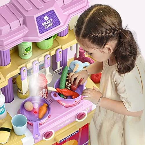 SmartChef Kids Kitchen Playset, 48PCS Kitchen Accessories Toys, Pink Play Kitchen, With Realistic Design, Sound, Lights & Smoke, Pretend Kitchen Toy Set Gifts For 3 4 5 6 7 8+ Year Old Girls & Boys 4 SmartChef Kids Kitchen Playset, 48PCS Kitchen Accessories Toys, Pink Play Kitchen, With Realistic Design, Sound, Lights & Smoke, Pretend Kitchen Toy Set Gifts For 3 4 5 6 7 8+ Year Old Girls & Boys - Image 2