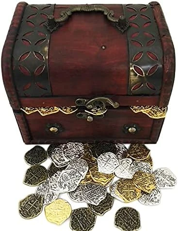 Seven Seas Pirates - Buccaneer Treasure Chest With Lot Of 700 Mixed Color Metal Doubloons - Rogue`s Jewelry Box Filled Coins For Pretend Games 11 Seven Seas Pirates - Buccaneer Treasure Chest With Lot Of 700 Mixed Color Metal Doubloons - Rogue`s Jewelry Box Filled Coins For Pretend Games - Image 9