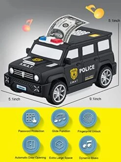 Piggy Bank, ATM Piggy Bank For Real Money, Police Car Toy With Music, Electronic Money Bank Automatic Bill Roller With Password Voice, Perfect Birthday For Boys Girls (Black) -Folkmanis Toys Shop 51dMPkp9ewL
