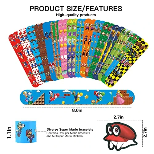 HHMJZW 32PCS Mario Bros Slap Bracelet Toys And 50 PCS Cartoon Mario Bros Party Stickers Carnival Prizes - Mario Slap Bracelet For Kids Boys & Girls Birthday Party Supplies Favors 4 HHMJZW 32PCS Mario Bros Slap Bracelet Toys And 50 PCS Cartoon Mario Bros Party Stickers Carnival Prizes - Mario Slap Bracelet For Kids Boys & Girls Birthday Party Supplies Favors - Image 2