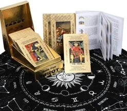 Tarot Cards With Guidebook & Divination Tablecloth,78Pcs Waterproof PVC Classic Gold Foil Tarot Deck Fortune Telling Divination Tools,Tarot Decks For Beginners And Expert Readers Use(Black Gold) -Folkmanis Toys Shop 51dghVxfZBL. AC
