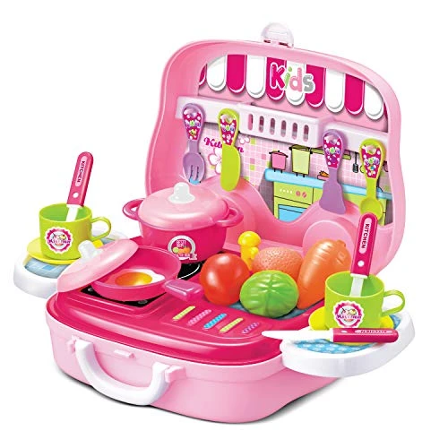 Toy Chef 26-PC On The Go Childrens Kitchen Playset W/ Pretend Food & Mini Stove - Kids Cooking Toys Station - Camping, Restaurant & Playhouse Accessories, Pink 4 Toy Chef 26-PC On The Go Childrens Kitchen Playset W/ Pretend Food & Mini Stove - Kids Cooking Toys Station - Camping, Restaurant & Playhouse Accessories, Pink - Image 2