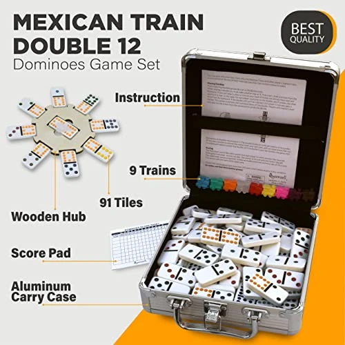 Queensell Mexican Train Dominoes Set For Adults With Wooden Hub, Tile Board Game - Dominos Set For Classic Board Games - Double 12 Dominoes Set For Family Games (Double 12) 3 Queensell Mexican Train Dominoes Set For Adults With Wooden Hub, Tile Board Game - Dominos Set For Classic Board Games - Double 12 Dominoes Set For Family Games (Double 12)