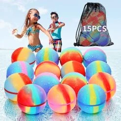 SOPPYCID 15Pcs Reusable Water Balloons, Reusable Water Balls For Kids, Easy To Fill, No Mess, Rainbow Water Balloons For Boys And Girls, Pool Outdoor Toys For Water Balloon Fights, Beach, Bath Time