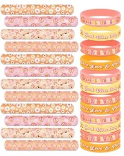 Sinasasspel Groovy Party Favors Set For Kids Adults Hippie Boho Silicone Bracelets Slap Bracelets Assortment Hippie Party Supplies Daisy Birthday Decorations(24 Count)