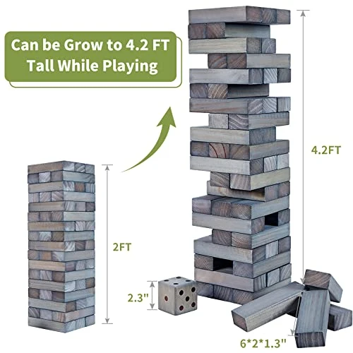 ApudArmis Giant Tumble Tower (Stack From 2Ft To Over 4.2Ft), 54 PCS Pine Wooden Stacking Timber Game With 1 Dice Set - Classic Block Giant Outdoor Game For Teens Adults Family (Gray) 4 ApudArmis Giant Tumble Tower (Stack From 2Ft To Over 4.2Ft), 54 PCS Pine Wooden Stacking Timber Game With 1 Dice Set - Classic Block Giant Outdoor Game For Teens Adults Family (Gray) - Image 2