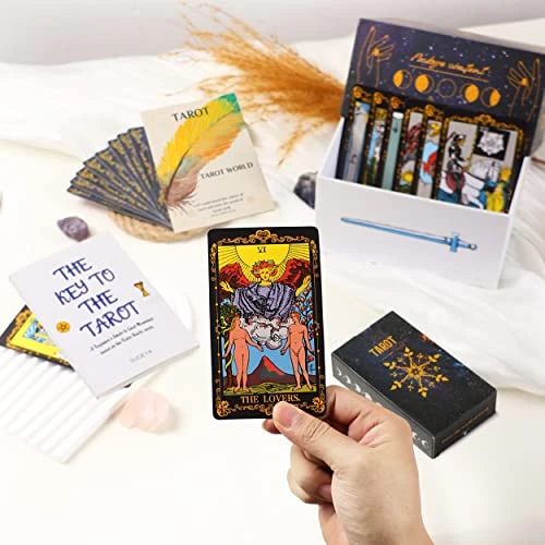 Tarot Cards With Guide Book, 78 Black Original Tarot Cards Deck Gift Set With Chakra Stones, Tarot Cloth & More, Tarot Deck Fortune Telling Game Craft Cardboard For Beginners And Expert Readers 5 Tarot Cards With Guide Book, 78 Black Original Tarot Cards Deck Gift Set With Chakra Stones, Tarot Cloth & More, Tarot Deck Fortune Telling Game Craft Cardboard For Beginners And Expert Readers - Image 3