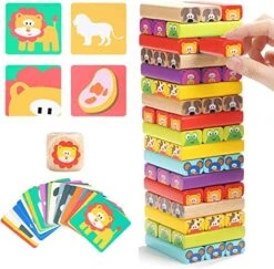 TOP BRIGHT Colored Wooden Stacking Games For Kids Toddler Building Blocks Fine Motor Skills Toy - 51 Pieces With Cards
