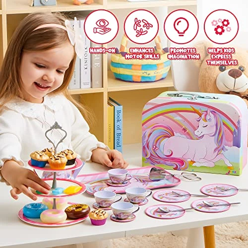JOYIN 35Pcs Unicorn Tea Party Set For Little Girls, Pretend Tin Teapot Set, Princess Tea Time Play Kitchen Toy With Dessert, Doughnut, Carrying Case For Birthday Easter Gifts Kids Toddlers Age 3 4 5 6 6 JOYIN 35Pcs Unicorn Tea Party Set For Little Girls, Pretend Tin Teapot Set, Princess Tea Time Play Kitchen Toy With Dessert, Doughnut, Carrying Case For Birthday Easter Gifts Kids Toddlers Age 3 4 5 6 - Image 4
