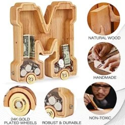 NBTORCH Wooden Letter Piggy Bank, Inter-connectable Piggy Bank For Kids Boys Girls, Alphabet A Money Bank Toy With Wheels, For Kids (Initial-A) -Folkmanis Toys Shop 51gAWTIS59L