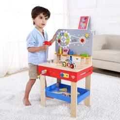 TOOKYLAND Wooden Builder Workbench Playset - 48pcs - Child-Size Work Bench With Tools And Hardware, Toy For Kids 3 Years And Older