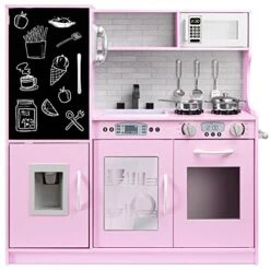 Best Choice Products Pretend Play Kitchen Wooden Toy Set For Kids W/Realistic Design, Telephone, Utensils, Oven, Microwave, Sink - Pink