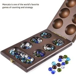 AMEROUS Wooden Mancala Board Game Set With 72+8 Bonus Multi Color Glass Stones - Folding Board - Mancala Instructions - Gift Package, Classic Family Board Game For Kids Adults, Tabletop Version