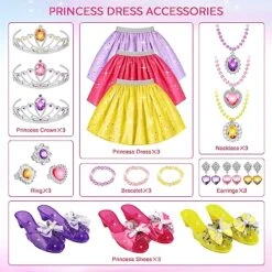 Princess Dress Up Toys & Jewelry Boutique - Complete Set With Costumes, Skirts, Shoes, Crowns, Accessories - Ideal Girls Role Play Gift For 3 4 5 6 Year Toddler Birthday Parties Party Favors