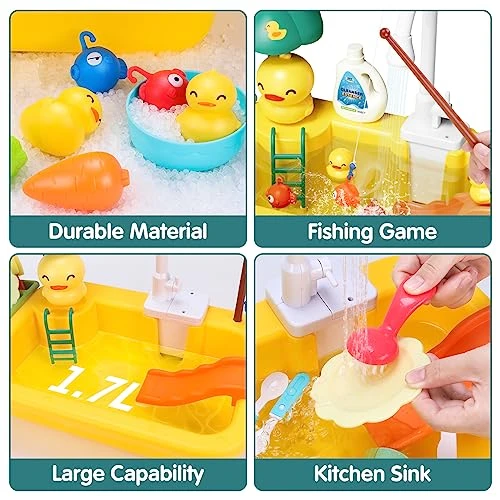 Qizebaby Kids Play Kitchen Sink With Running Water, Electronic Kitchen Dishwasher Toys With Automatic Water Cycle System, Fishing Game Toys And Pretend Role Kitchen Sink Toy Gift For Boys Girls Age 2+ 5 Qizebaby Kids Play Kitchen Sink With Running Water, Electronic Kitchen Dishwasher Toys With Automatic Water Cycle System, Fishing Game Toys And Pretend Role Kitchen Sink Toy Gift For Boys Girls Age 2+ - Image 3
